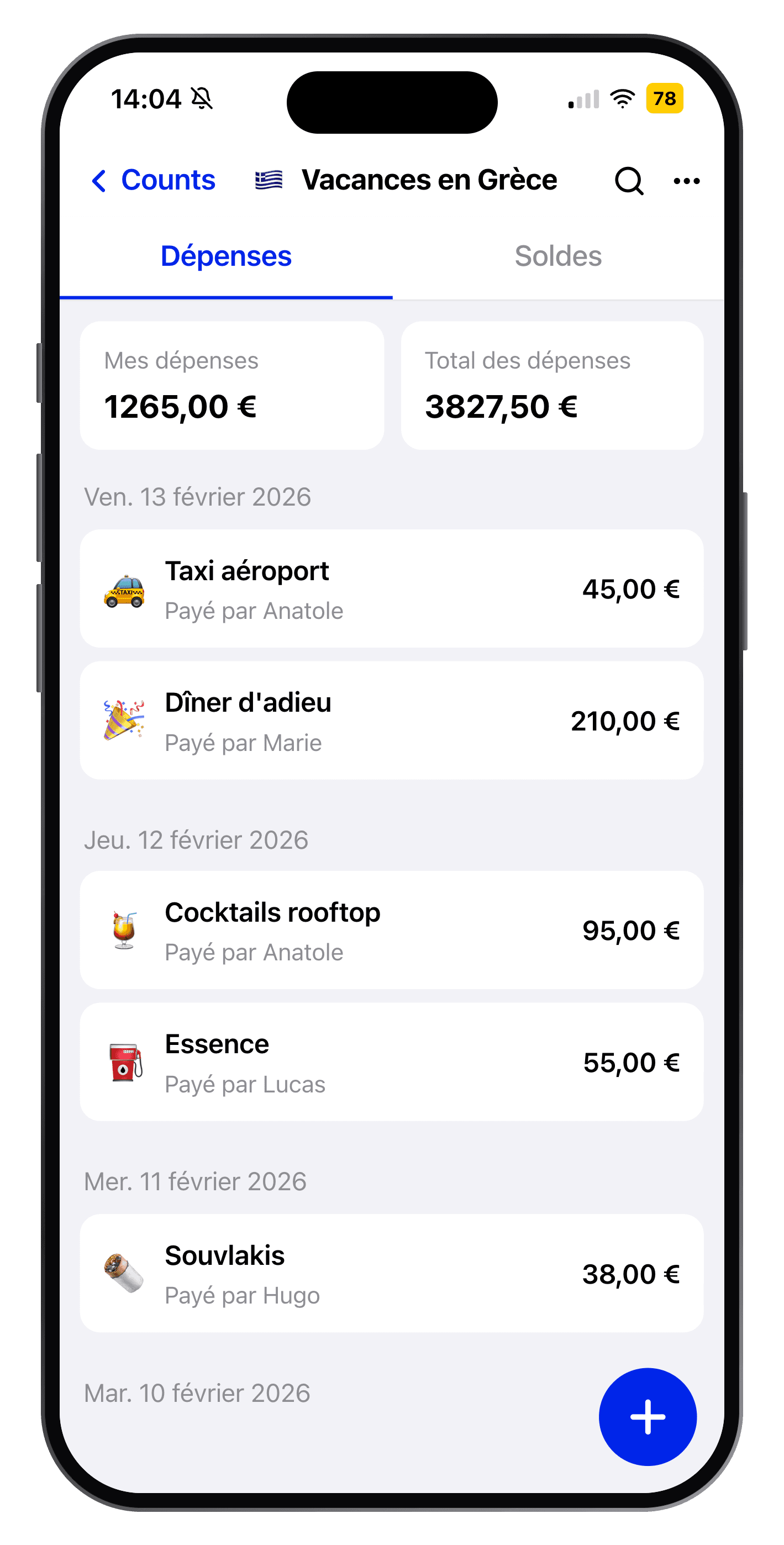 Liste des dépenses d'un count dans CountClub